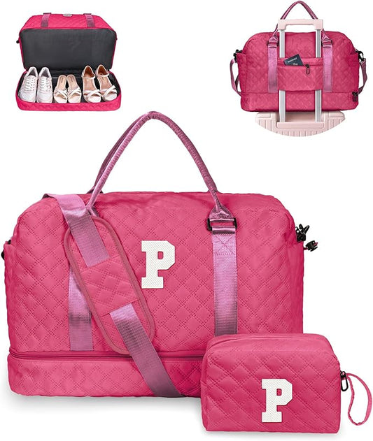 Gift Ideas for Woman, Gifts for Women-Initial Travel Bag with Shoe Compartment, Personalized Weekender Bag, Monogram Overnight Bag for Women, Letter Travel Bag with Makeup Bag (Letter P)