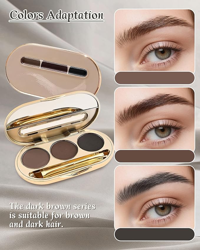 Waterproof Eyebrow Powder Kit - 3 Colors Long-Lasting Brow Powder Palette with Brush Razor & Stencil, Natural Tinting Powder for Women Sparse Brows | #03 Medium Brown, Dark Brown, Black