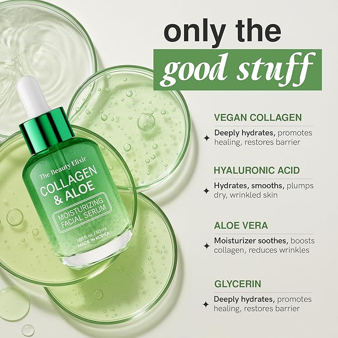Aloe & Collagen Serum For Face - Dermatologist Tested, Anti-Aging, Ultra Hydrating Aloe Vera Gel For Face - Natural Ingredients, Clean Beauty, Cruelty-Free Korean Skin Care - 1.69 oz