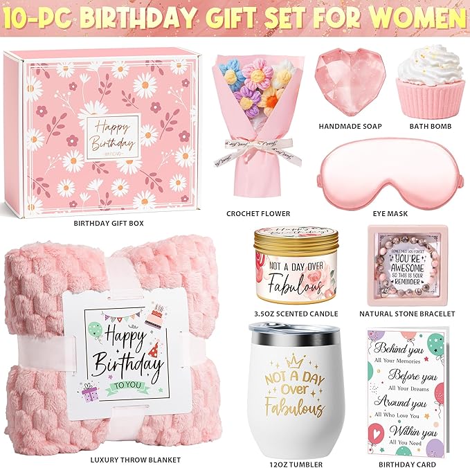 Birthday Gifts for Women Friendship, Unique Happy Birthday Gifts Basket for Mom Her Best Friend Sister Wife Girlfriend Coworker, Luxury Self Care Box Rose Relaxing Spa Gifts Set for Women with Blanket