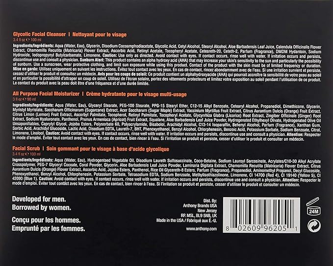 Anthony Face It & Go Kit, Set Includes Glycolic Facial Cleanser 3.4 Fl Oz. All Purpose Facial Moisturizer 3 Fl Oz. Facial Scrub 3.4 Fl Oz.
