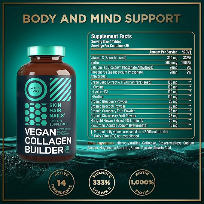 WILD FUEL Vegan Collagen Builder - Biotin, Organic Superfood, Amino Acids Glycine, Lysine, Proline Plant-Based Collagen Booster Supplements - 30 Organic Extract Tablets