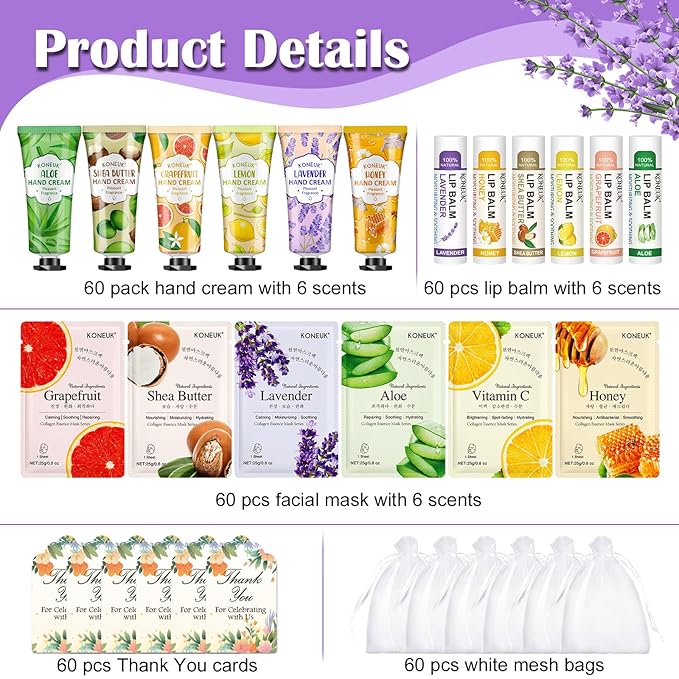 60 Pack Bulk Lip Balm, Facial Mask and Hand Cream Sets, Stocking Stuffers for Women, Christmas Gifts and Bridesmaid Gifts for Guests, Birthday Gifts, Adult Party Favors and Small Gifts for Women