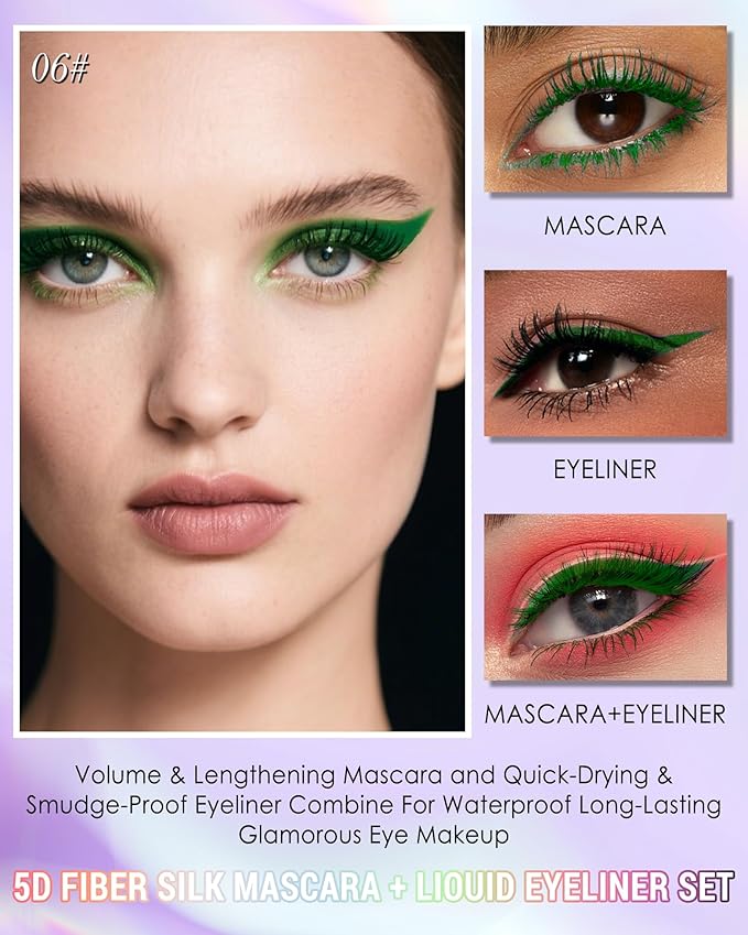 Green Mascara Liquid Eyeliner Set, Update Longlasting Waterproof Color Eye Liner Pen, 5D Silk Fiber Colored Mascara Volume and Length, Christmas Party Stage Use Eye Makeup Gift Kit for Women Girl-06