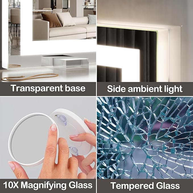 FENNIO Makeup Mirror with Lights 23"x32" ，LED Makeup Mirror ，Large Vanity Mirror with Lights，Touch Sensor with Dimmable 3 Modes, Square White