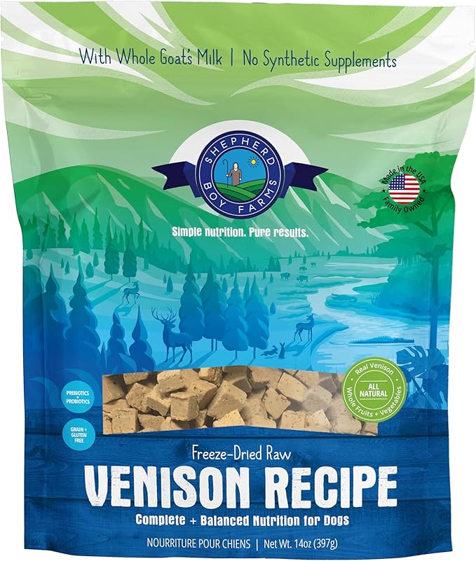 Freeze Dried Raw Dog Food, Venison Recipe, All Natural, No Synthetics, Made in USA with Goat's Milk & Organic Produce, High Protein, Complete Meal (14oz)