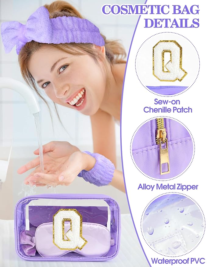 Gift Sets for Women, Initial Makeup Bag with Makeup Brush Set Bachelorette Party Favors, Purple Spa Kit with Skincare Headbands Wrist Bands Sleepover Party Supplies Gifts for Teen Girls Bridesmaid Q