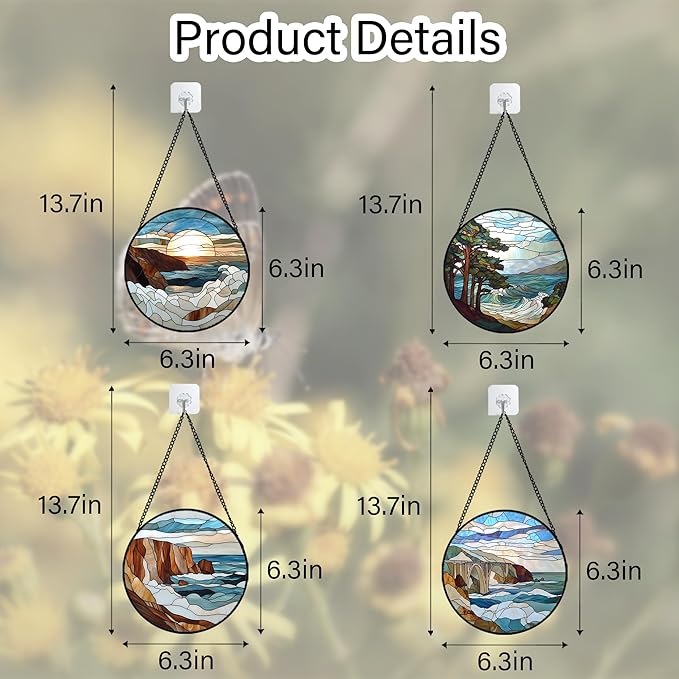 Stained Glass Window Hanging 4 Pcs Set Ocean Waves 6.3" - Blue and White Sea Suncatcher Door Garden Sun Catcher Decor Birthday Christmas for Mom Woman Nana Men