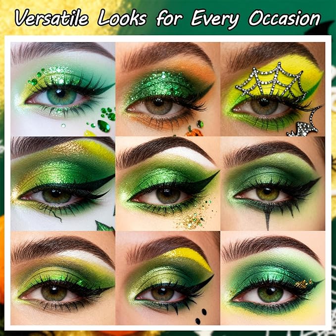 Erinde Green Eyeshadow Palette, 15 Colors Forest Emerald Lime Eye Shadow Palette, Matte Shimmer Metallic Glitter, Highly Pigmented Blendable Smokey Makeup Kit for Cosplay, Halloween & Parties