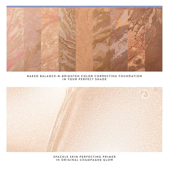 LAURA GELLER NEW YORK Everyday Routine Kit - Baked Balance-N-Brighten Color Correcting Powder Foundation, Porcelain + Retractable Angled Kabuki + Spackle Makeup Primer, Champagne Glow (3 PC)