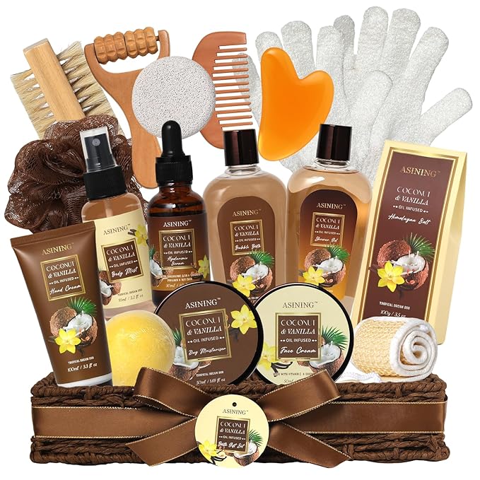 Spa Basket for Women, Coconut Vanilla Bath & Body Set, Christmas & Birthday Gift, Unique Gift with Bath Bombs, Body Lotion, Spa Bath Sets for men Gift Home Spa Set Luxurious Bath Gift & More