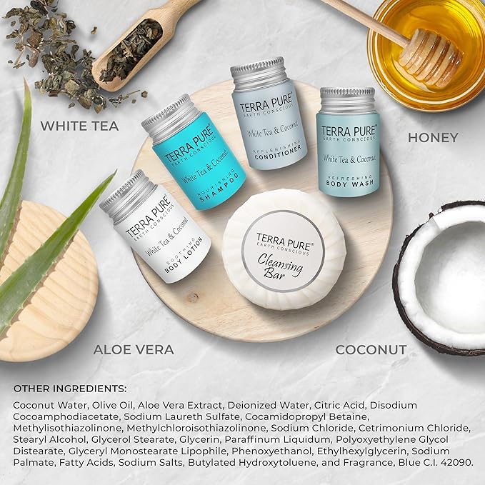 Terra Pure White Tea & Coconut Toiletries Set | 1-Shoppe Amenities Kit | 1oz Shampoo & Conditioner, Body Wash, Lotion, 1.25oz Bar Soap | Travel Size | 150 Pieces