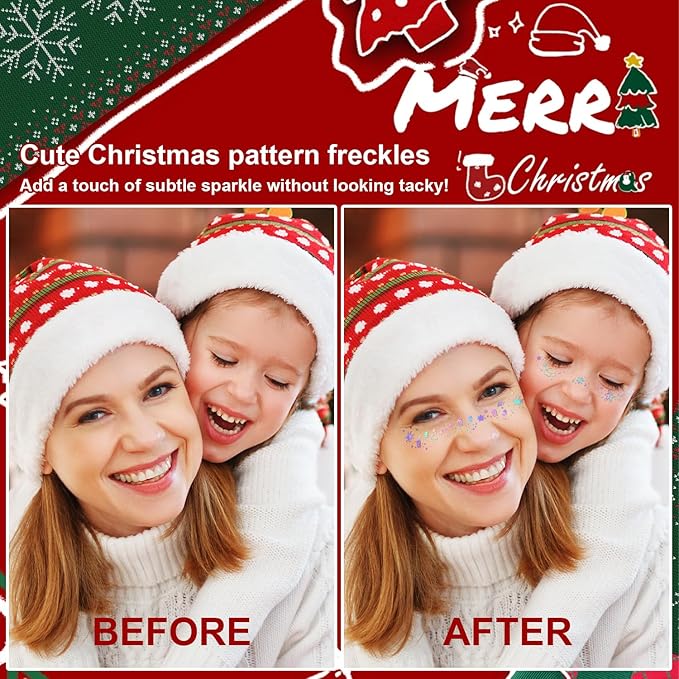 8Pcs Face Makeup Patches, Glitter Freckles Face Tattoo for Teenagers & Young Women, Sparkle Freckles Makeup Patches, Waterproof Face Glitter Freckles for Christmas (8PcsD Holographic Multicolor)