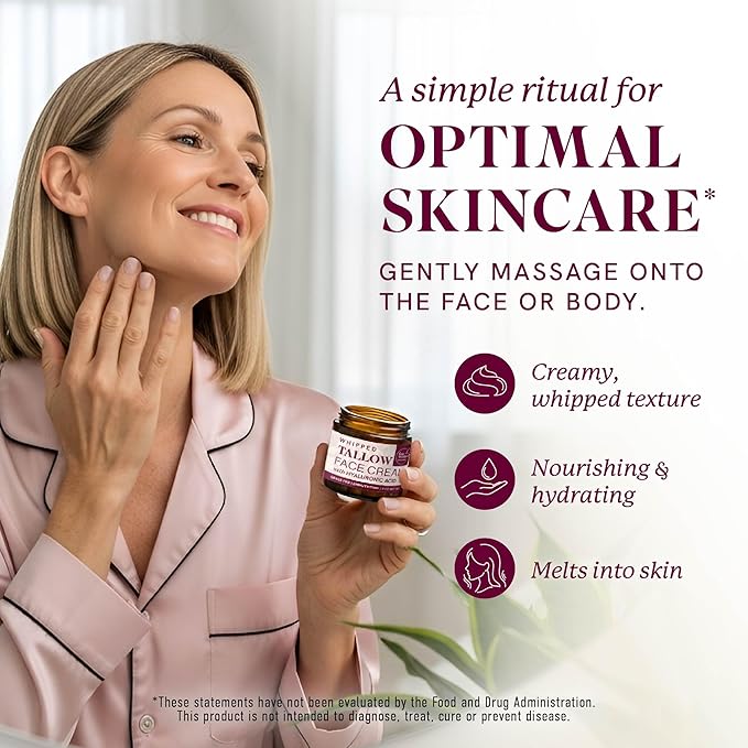 Beef Tallow Face Moisturizer for Women | With Hyaluronic Acid | Hydrating Whipped Beef Tallow for Skin Care for Women | With Jojoba & Sweet Almond Oil | Paraben & Cruelty-Free, Non-GMO | 4 oz