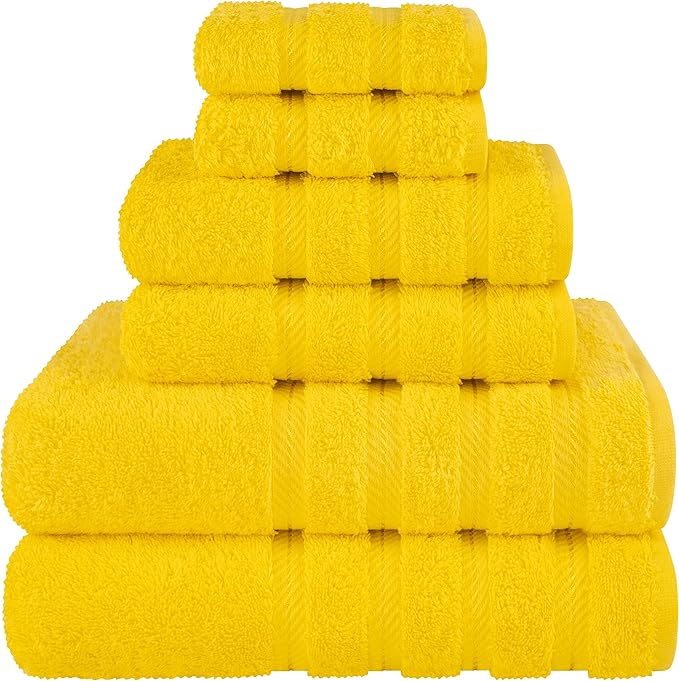 American Soft Linen Luxury 6 Piece Towel Set, 2 Bath Towels 2 Hand Towel 2 Washcloths, 600 GSM 100% Cotton Turkish Towels for Bathroom, Yellow Towel Sets