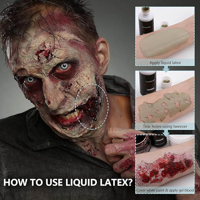 Halloween Zombie Makeup, Complete Zombie SFX Makeup Kit Set with Face Paint, Liquid Latex, Scar Wax & Fake Blood for Special Effects Make Up, Costume Cosplay Stage & Movie