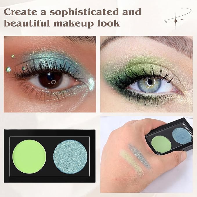 Duo Eye Shadow Powder，Green Matte&Blue Glitter Eyeshadow Makeup Palette，Neutral Shades Eyeshadow Palette for Woman Daily Eyes Looks，Highly Pigmented，Smooth, Blendable，sombras de ojos, Cruelty-Free 09