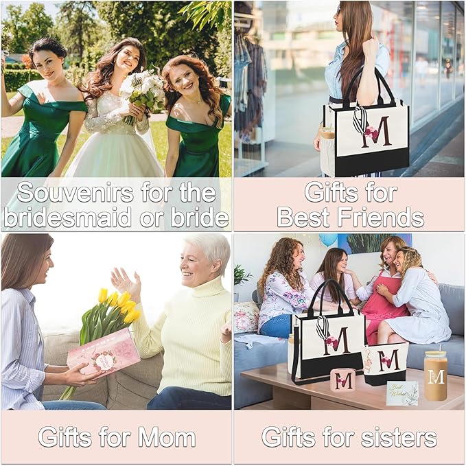 Birthday Gifts for Women,Initial Canvas Tote Bag,Gifts for Women,16oz Initial Glass Cup,Makeup Bag with Zipper,Jewelry Organizer Box,Personalized Gift for Mom-M