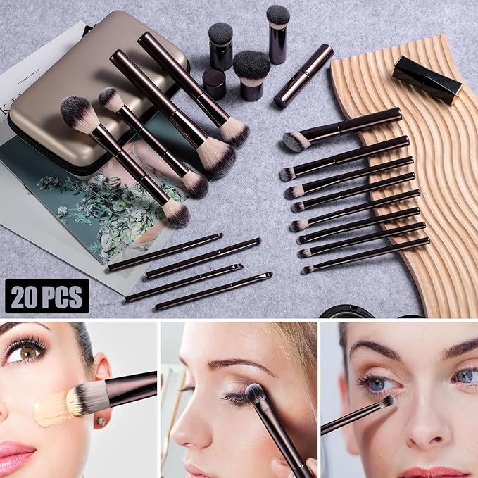 BS-MALL Professional Makeup Brush Set With Portable Case - Eyeshadow Brush, Concealer Brush, Blush Brush & Foundation Brush For Travel 20 Pcs, Labeled Daily Use & Versatile Occasions