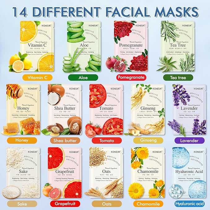 14 Pack Sheet Face Masks Skincare for All Skin Types, Hydrating Face Masks Suitable for Sensitive Skin, Bulk Facial Mask Set for Women Skin Care, Face Mask Gifts Set for Face Spa