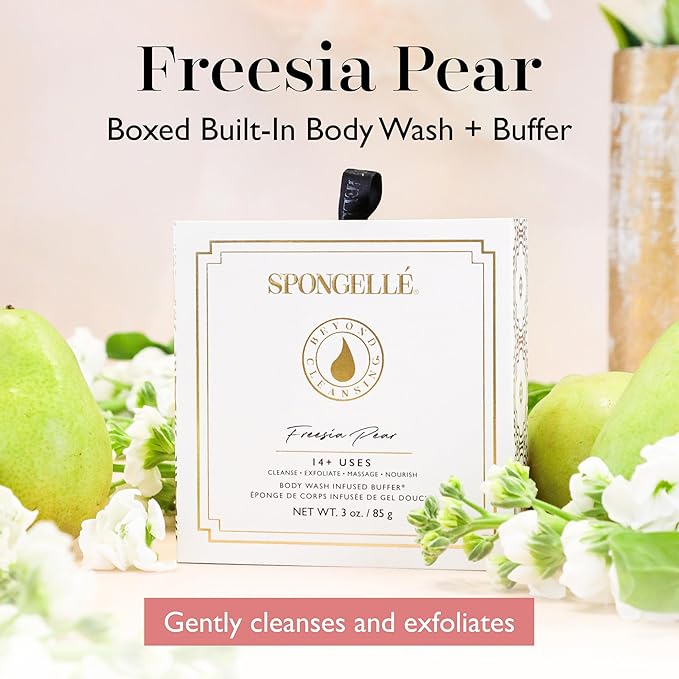 Spongelle Freesia Pear Wild Flower Buffer Body Scrubber with Box | Bath & Shower Loofah for Women | Exfoliator with Body Wash Infused | 14+ uses