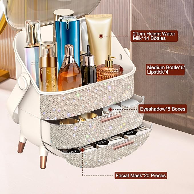 Bling Makeup Organizer for Teen Girl Gift,Hollywood Vanity Makeup Storage Box for Girl Birthday Gift,Practical Gift for Daughter,Bathroom Organizer,Skincare Organizer (Rhinestone White)