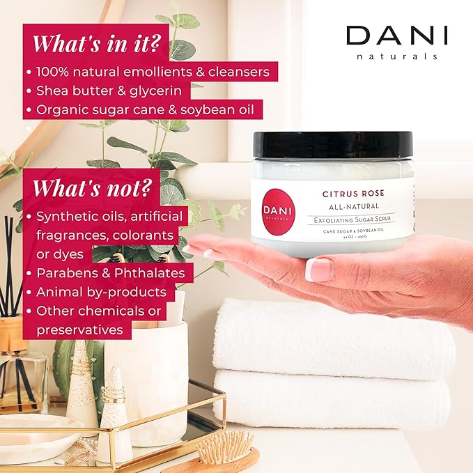 DANI Naturals Exfoliating Sugar Scrub - Citrus Rose - Organic Cane Sugar & Shea Butter - Deep Hydration & Gentle Exfoliation for Smooth, Radiant Skin - 14 oz