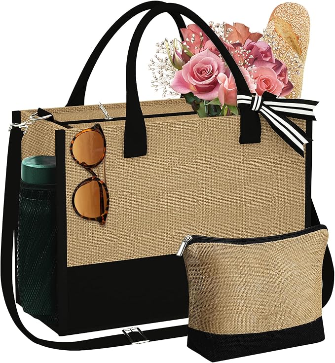 YOOLIFE Personalized Gifts for Women - Initial Jute Tote Bag & Makeup Bag, Birthday Gifts for Women Mom Wife Teacher Friend