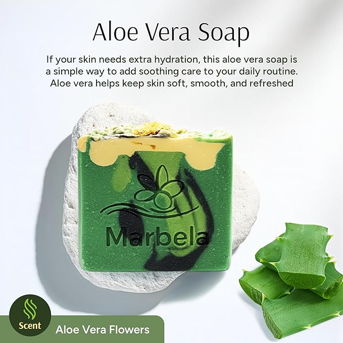 Marbela Cosmetics Aloe Vera Handmade Soap Bar - Made in USA, Vegan Friendly, Palm Oil Free, Natural Bar Soap - Gentle Face & Body Soap for Daily Skin Care, Moisturizing & Nourishing - 3.5 oz