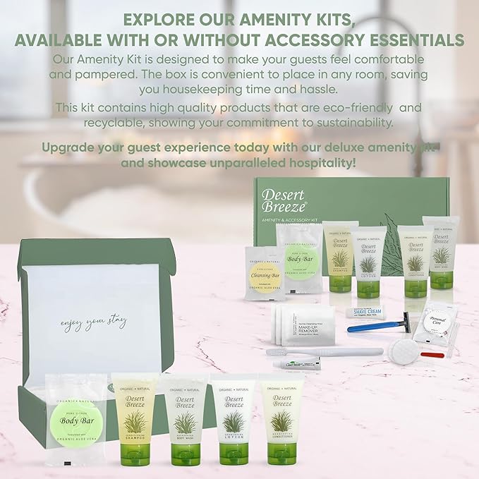 Desert Breeze Amenity & Accessory Kit | 1 oz Shampoo, Conditioner, Lotion, Body Wash, Body Bar, Cleansing Bar, Shave & Dental Sets, Make-Up Wipes, Vanity Kit | 15 Sets per Case