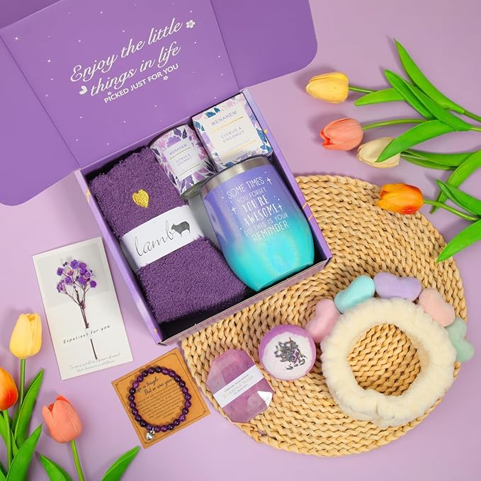 Get Well Baskets for Women, 9pc Happy Birthday Gifts, Lavender Sympathy Care Package Get Well Soon Relaxation Spa Gift Set for Her Mom Wife Girlfriend Bestie Mother Christmas