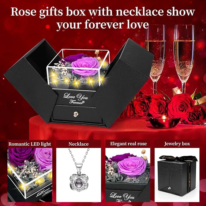 2 Preserved Real Rose with Heart I Love You Necklace- Eternal Rose Birthday Gifts for Women Wife Girlfriend Her Mom on Festivals Gifts Christmas Valentines Mothers Day Anniversary-2 Colour Purple