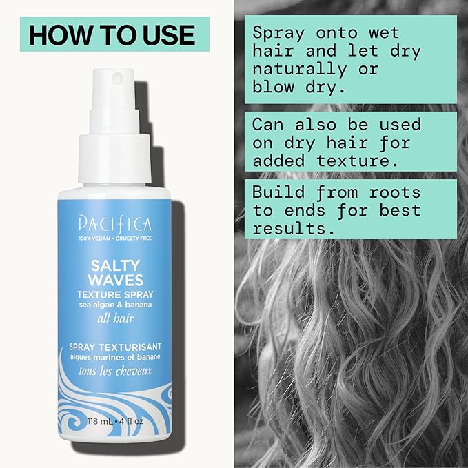Pacifica Beauty, Salty Waves Texture Sea Salt Spray for Hair, Beachy Waves, Wavy Hair Products, Hydrating, Banana Scent, Curl Enhancing, Paraben Free, Sulfate Free, Vegan & Cruelty Free
