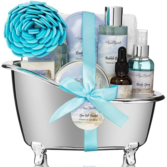 Spa Gift Baskets For Women - Luxury Bath Set With Ocean & Coconut - Spa Kit Includes Body Wash, Bubble Bath, Lotion, Body Butter, Soap, Body Spray, Shower Puff, and Towel