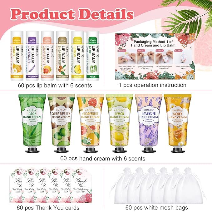60 Pack Hand Cream Bulk and Lip Balm Bulk Sets, Stocking Stuffers for Women, Christmas Gifts and Bridal Shower Gifts for Guests, Employee Appreciation Gifts, Mom Gifts, Birthday Gifts and Small Gifts