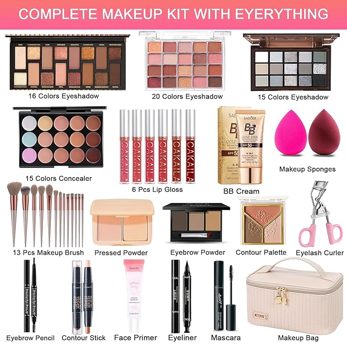 All in One Makeup Kit, Makeup Kit for Women Full Kit, Travel Make Up Gift Set for Women, Teens & Girls, Includes Eyeshadow Lipstick Eyeliner Eyebrow Pencil Brush Set, Beginners and Professionals Alike