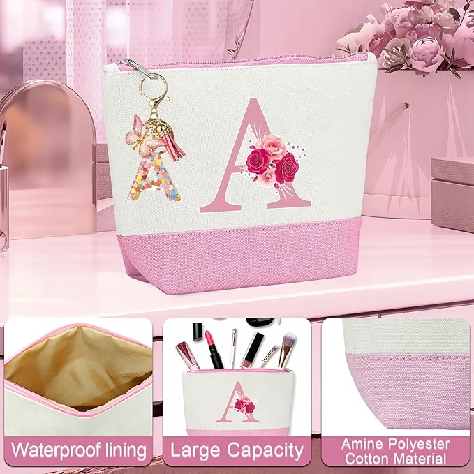 Initial Canvas Tote Bag,Birthday Gifts for Women,Monogrammed Gift for Women,16oz Glass Cup,Personalized Gifts for Mom,Initial Makeup Bag,Unique Gift for Mom Sister Bestie-A