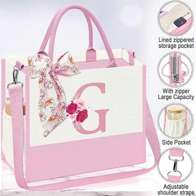 Monogrammed Gifts for Women,Personalized Gift for Women,Initial Canvas Tote Bag,16oz Initial Glass Cup,Makeup Bag for Sister,Jewelry Organizer Box,Birthday Gifts for Aunt Niece-G