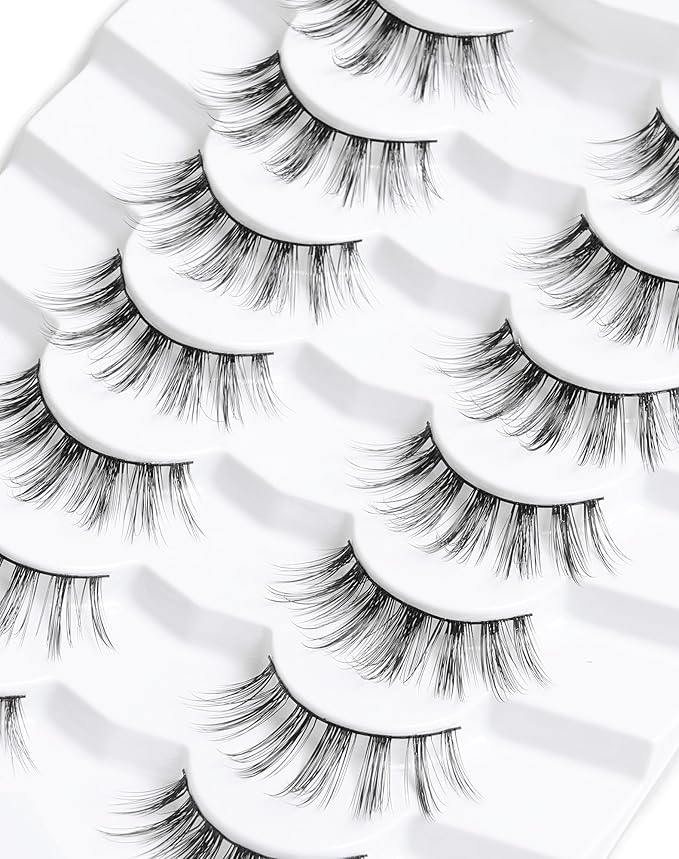 Onlyall Natural Lashes Wispy Lashes Natural Look False Eyelashes Natural Flared Eyelashes False Eye Lashes Soft Fluffy Lashes 7 Pairs DK51, Black