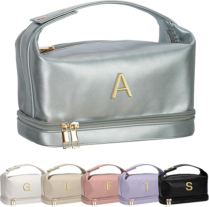 Teen Girl Gifts Trendy Stuff, Makeup Bags for Women with Handle, Initial Double Layer Cosmetic Bag with Makeup Brush Organizer, Cute Cosmetic Pouch for Women, Gifts for Friends Female Mom