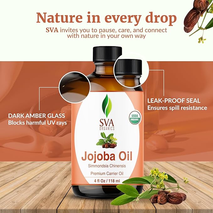 SVA Jojoba Seed Oil Organic - 4 Fl Oz – 100% Natural Cold Pressed Organic Jojoba Oil - for Face, Skin Care, Hair Care, Scalp Massage & Body Massage – Carrier Oil with Dropper