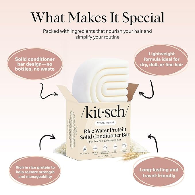 Kitsch Rice Water Conditioner Bar for Hair Growth – Rice Protein Hair Conditioner Bar to Repair Damage, Prevent Split Ends & Boosts Shine – Paraben, Silicone & Sulfate-Free Hair Care - 2.7 oz