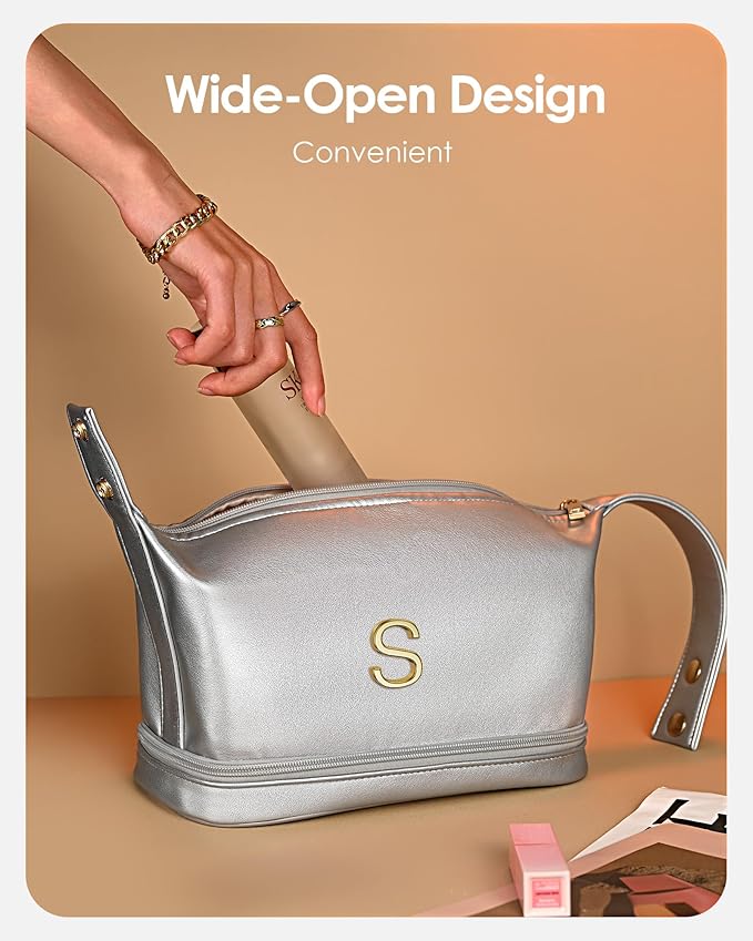 Women Gift Ideas, Personalized Makeup Bag with Handle, Initial Double Layer Cosmetic Bag with Makeup Brush Organizer, Cute Cosmetic Pouch for Women, Gifts for Friends Female Mom