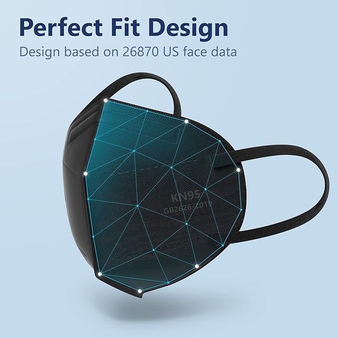 Funight KN95 Face Masks 50 Pack 5-Ply Breathable Filter Disposable Face Masks Black