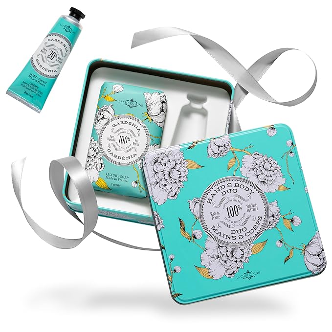 La Chatelaine Gardenia Triple Milled Bar Soap and 20% Shea Butter Hand Cream Gift Set, Gift for Mom, Decorative Tin, Plant-Based, Natural & Organic, Made in France (7 oz. soap bar, 1 oz. hand lotion)
