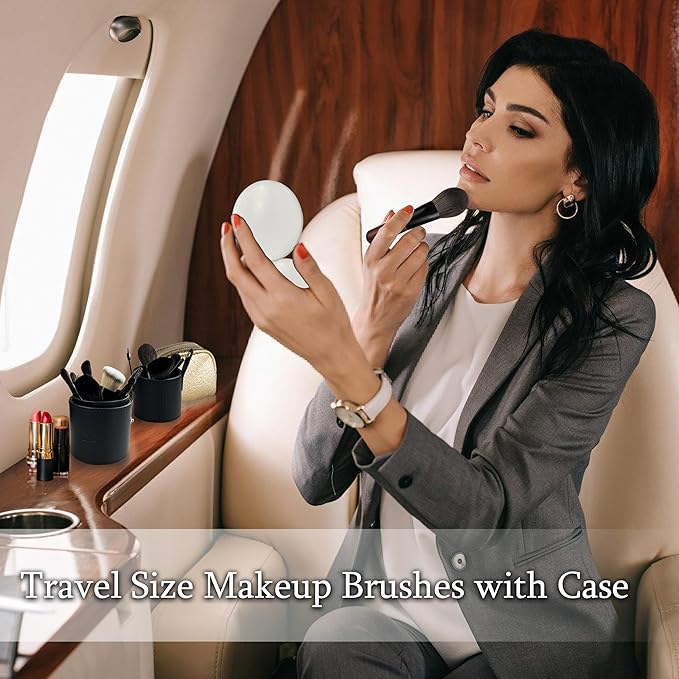 Jilier 14 pcs Mini Makeup Brushes and Pocket Mirror, Travel Makeup Brush Set, LED Compact Mirror with Light, Travel Size with Case, Portable for Handbag, Travel Essentials for Women