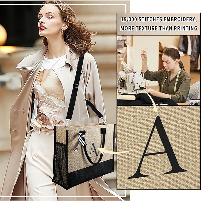 YOOLIFE Personalized Gifts for Women - Initial Jute Tote Bag & Makeup Bag, Birthday Gifts for Women Mom Wife Teacher Friend