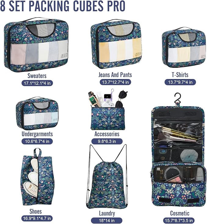Veken 8 Set Packing Cubes for Travel Essentials, Suitcase Organizer Bags in 4 Sizes, Carry-On Luggage Accessories with Large Laundry & Hanging Toiletry Bag, Must-Have for Airplane, Road Trip & Camping