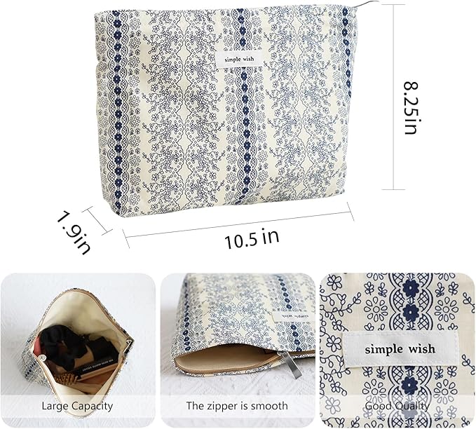 Wudygirl Makeup Bag Cute Cosmetic Bag for Women Large Capacity Makeup Pouch Travel Makeup Organizer Canvas Toiletry Bag Pouches for Purse with Zipper (Navy Blue Striped Floral)