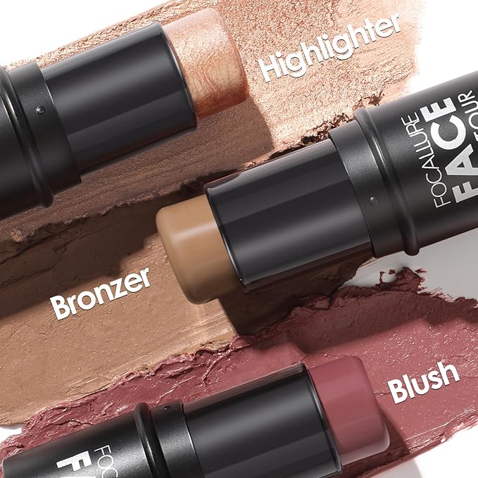 FOCALLURE 3PCS Cream Contour Stick - Highlighter Bronzer Blush Set for Face Sculpting, Non-Greasy Longwear Makeup, Easy to Blend with Natural Matte Finish,SET 4